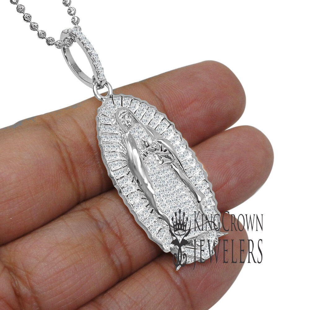 Real White Gold On Sterling Silver Lady of Guadalupe Mother Mary Pendant Charm Chain Set