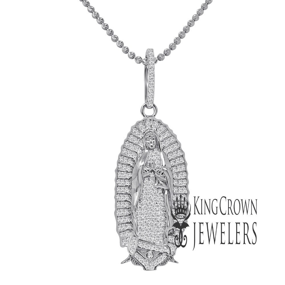 Real White Gold On Sterling Silver Lady of Guadalupe Mother Mary Pendant Charm Chain Set