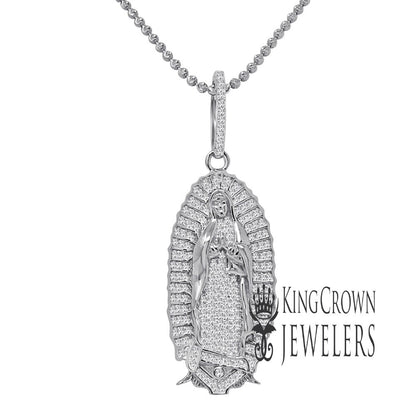 Real White Gold On Sterling Silver Lady of Guadalupe Mother Mary Pendant Charm Chain Set