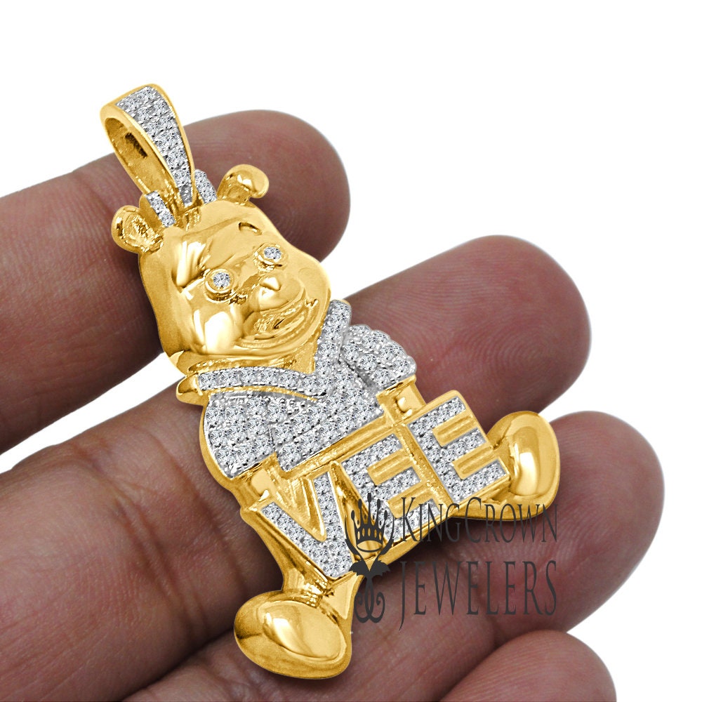 Real Sterling Silver 14K Yellow Gold Finish Teddy Bear Vee Tone Charm Pendant 2"