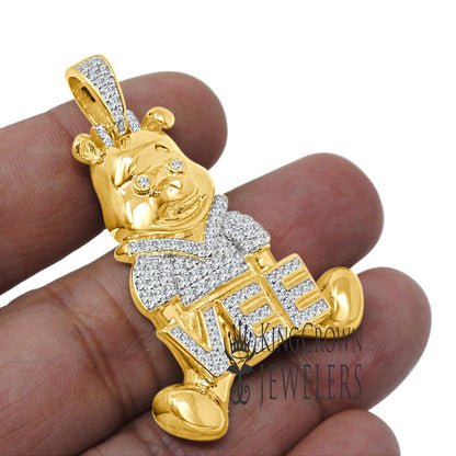 Real Sterling Silver 14K Yellow Gold Finish Teddy Bear Vee Tone Charm Pendant 2"