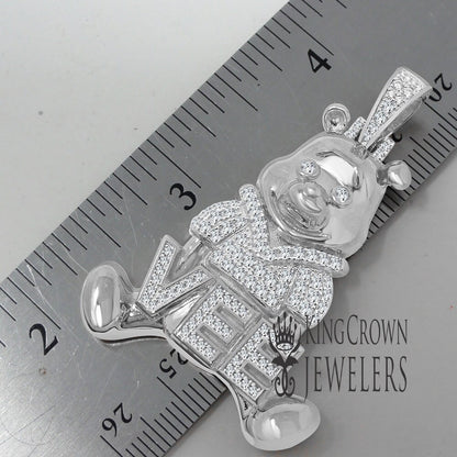 Real Sterling Silver 14K White Gold Finish Teddy Bear Vee Tone Charm Pendant 2"