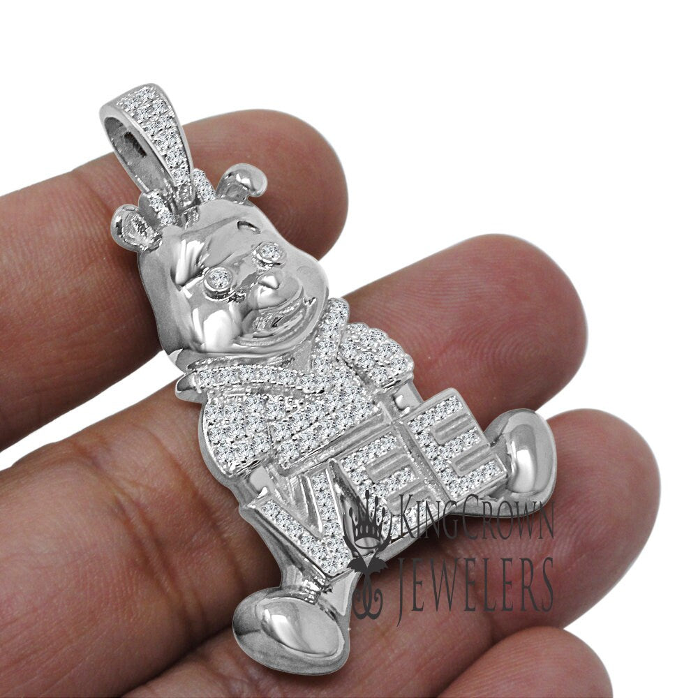 Real Sterling Silver 14K White Gold Finish Teddy Bear Vee Tone Charm Pendant 2"