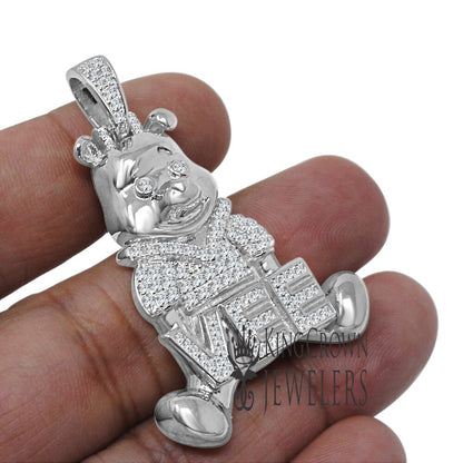 Real Sterling Silver 14K White Gold Finish Teddy Bear Vee Tone Charm Pendant 2"