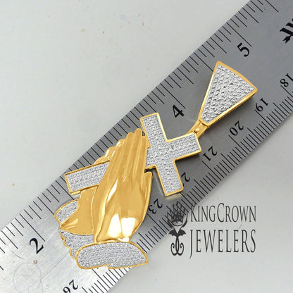 Mens Real Genuine Diamond Cross Praying Hand 10K Yellow Gold Finish Charm Pendant 2.5''