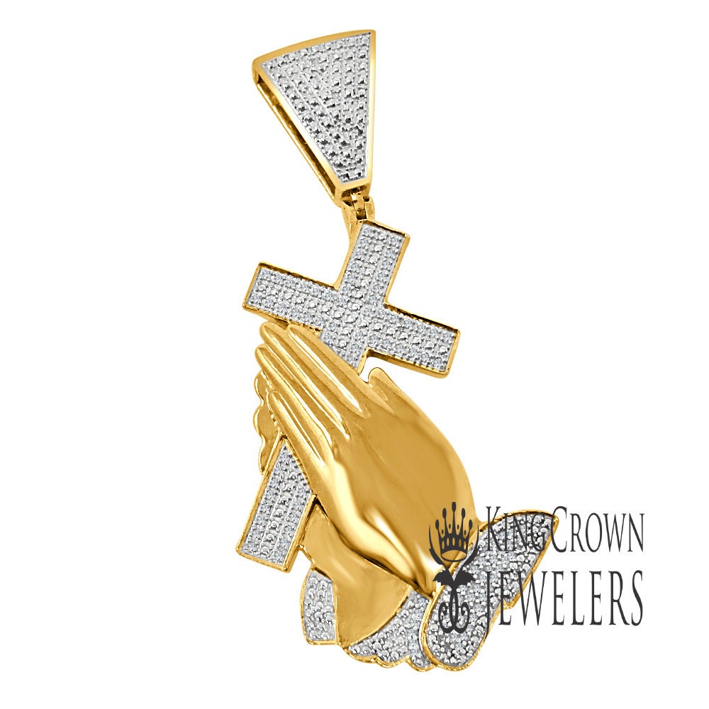Mens Real Genuine Diamond Cross Praying Hand 10K Yellow Gold Finish Charm Pendant 2.5''