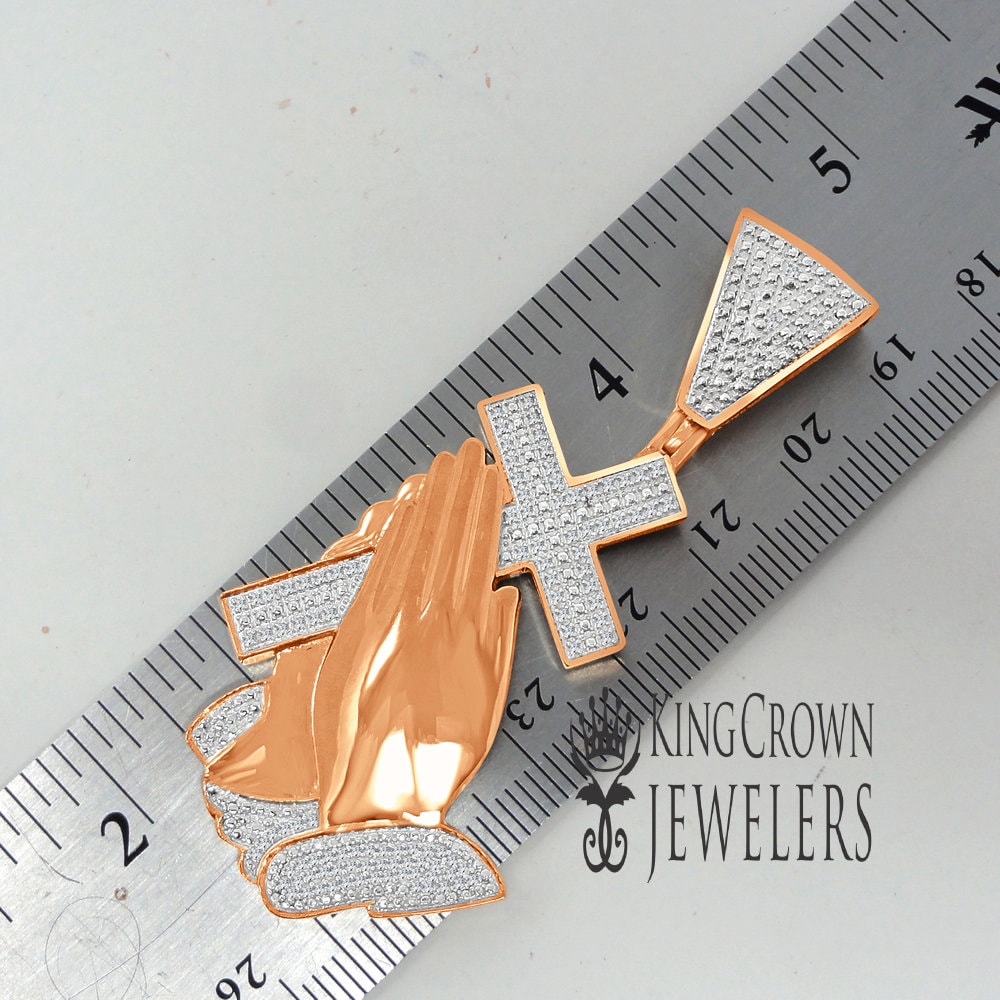 Men's Real Genuine Diamond Cross Praying Hand 10K Rose Gold Finish Charm Pendant 2.5''