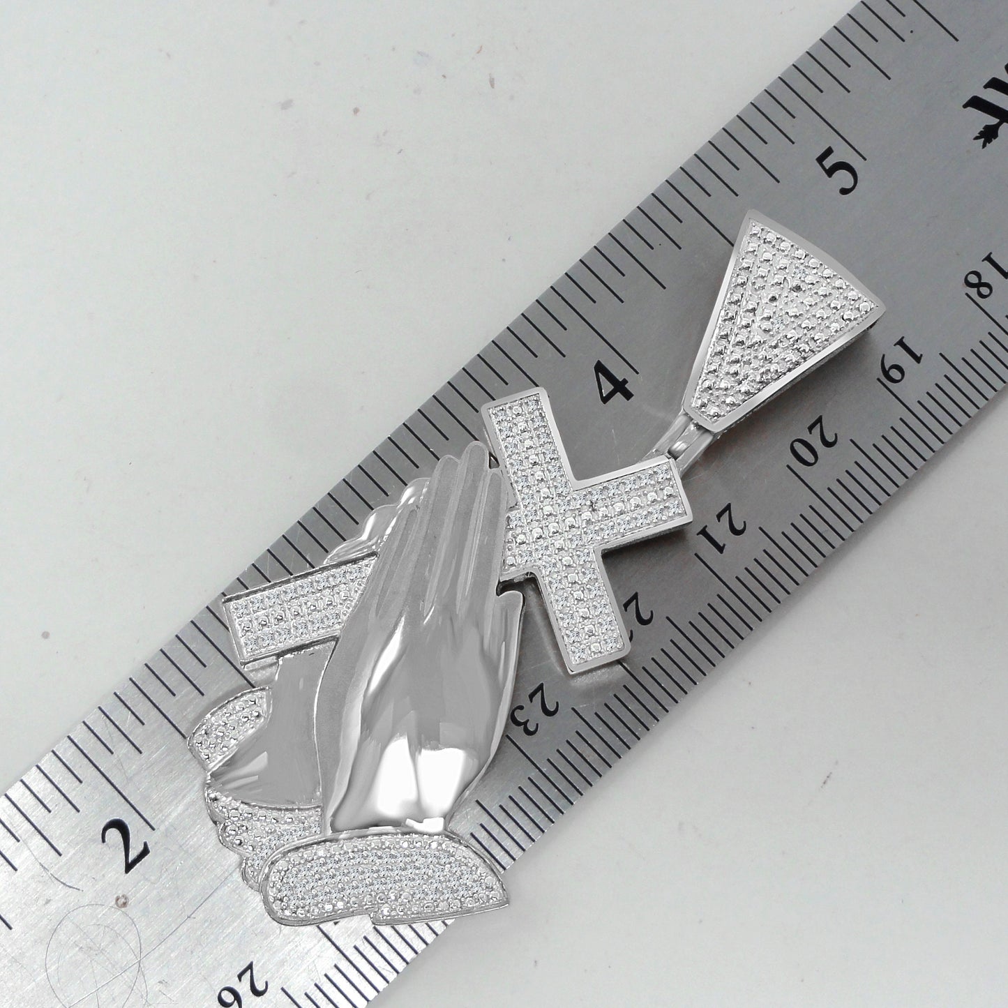Mens Real Genuine Diamond Cross Praying Hand 10K White Gold Finish Charm Pendant 2.5''
