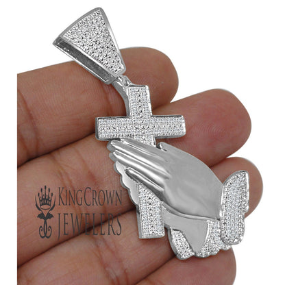 Mens Real Genuine Diamond Cross Praying Hand 10K White Gold Finish Charm Pendant 2.5''
