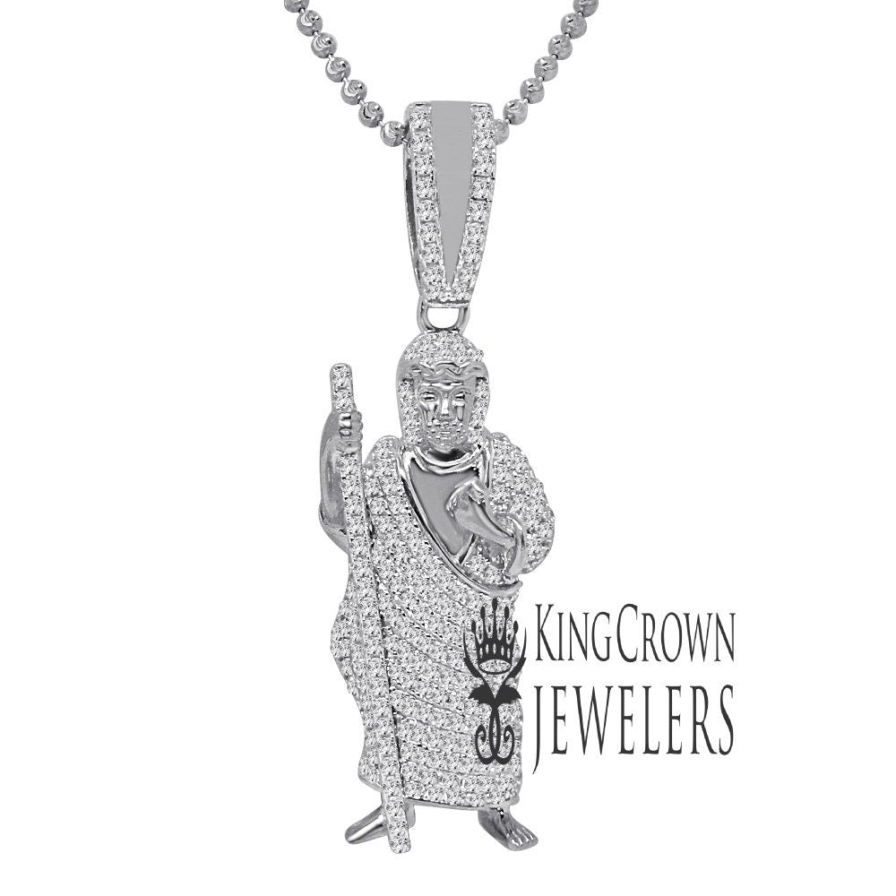 Mens Pure Sterling Silver Saint Jude San Judas Tadeo Charm 10K White Gold Finish Pendent 2.25''