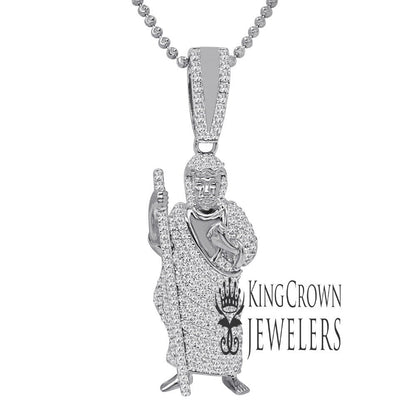Mens Pure Sterling Silver Saint Jude San Judas Tadeo Charm 10K White Gold Finish Pendent 2.25''