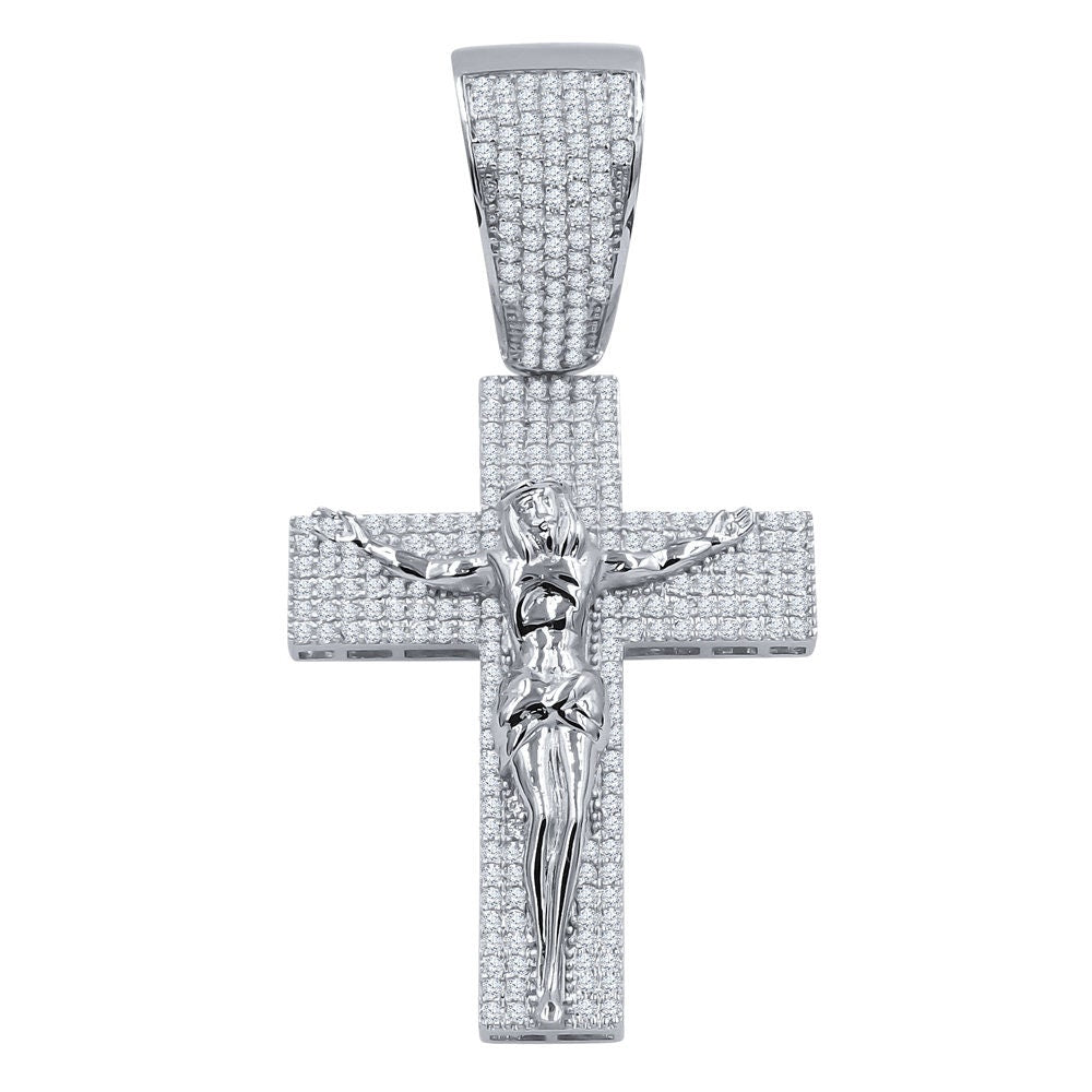 14K White Gold On Real Sterling Silver Simulated Diamond Jesus Crucifix Cross Charm Pendant 2.85''