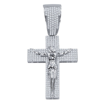 14K White Gold On Real Sterling Silver Simulated Diamond Jesus Crucifix Cross Charm Pendant 2.85''