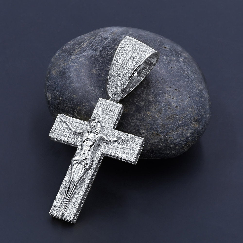 14K White Gold On Real Sterling Silver Simulated Diamond Jesus Crucifix Cross Charm Pendant 2.85''