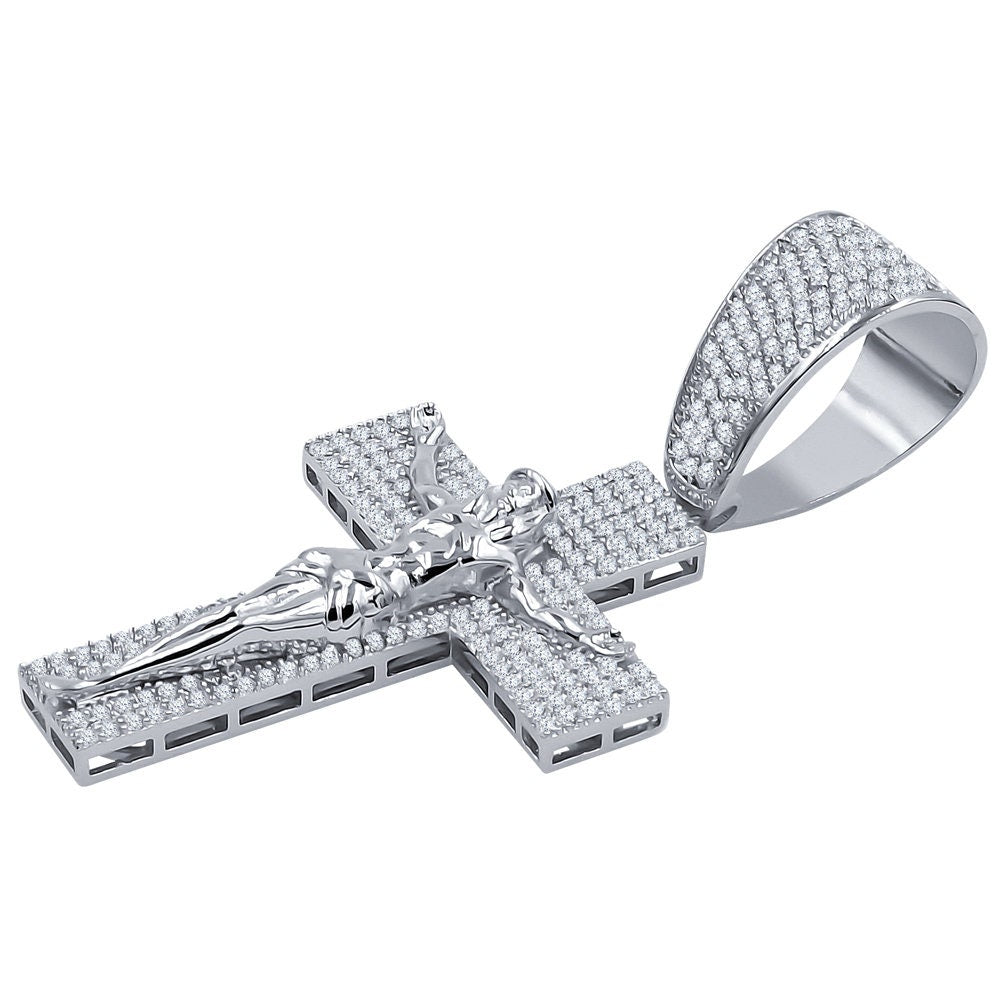 14K White Gold On Real Sterling Silver Simulated Diamond Jesus Crucifix Cross Charm Pendant 2.85''