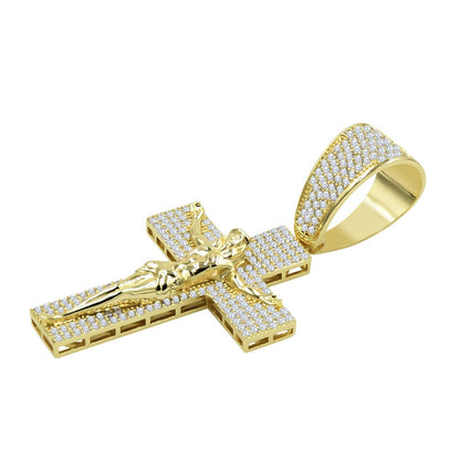 14K Yellow Gold On Real Sterling Silver Simulated Diamond Jesus Crucifix Cross Charm Pendant 2.85''