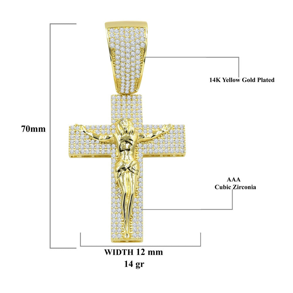 14K Yellow Gold On Real Sterling Silver Simulated Diamond Jesus Crucifix Cross Charm Pendant 2.85''