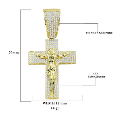 14K Yellow Gold On Real Sterling Silver Simulated Diamond Jesus Crucifix Cross Charm Pendant 2.85''