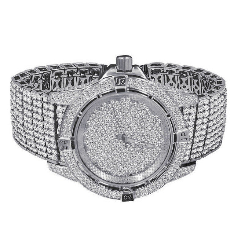 Mens 10 Row Custom Band Iced Out Dial Simulated Diamond White  Gold Tone Joe Rodeo Jojino Watch