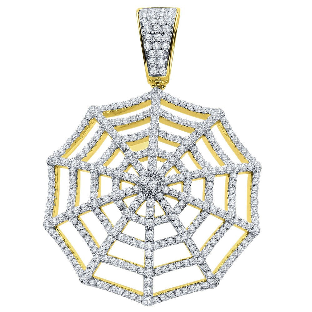 Real Yellow Gold Sterling Silver Custom Spider Web Round Sides Icy Medallion Hip Hop Pendant Charm