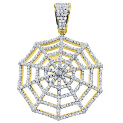 Real Yellow Gold Sterling Silver Custom Spider Web Round Sides Icy Medallion Hip Hop Pendant Charm