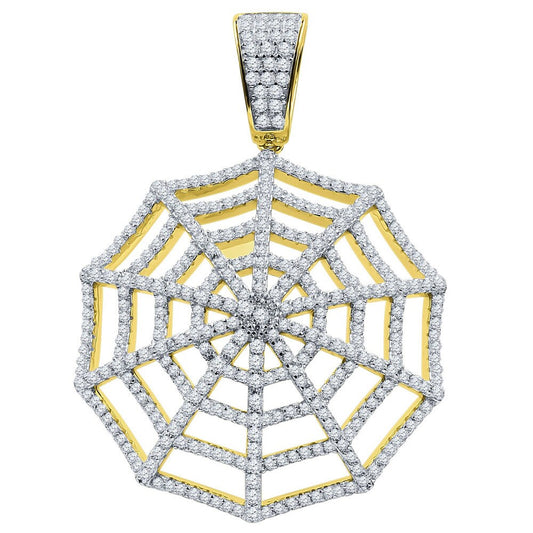 Real Yellow Gold Sterling Silver Custom Spider Web Round Sides Icy Medallion Hip Hop Pendant Charm