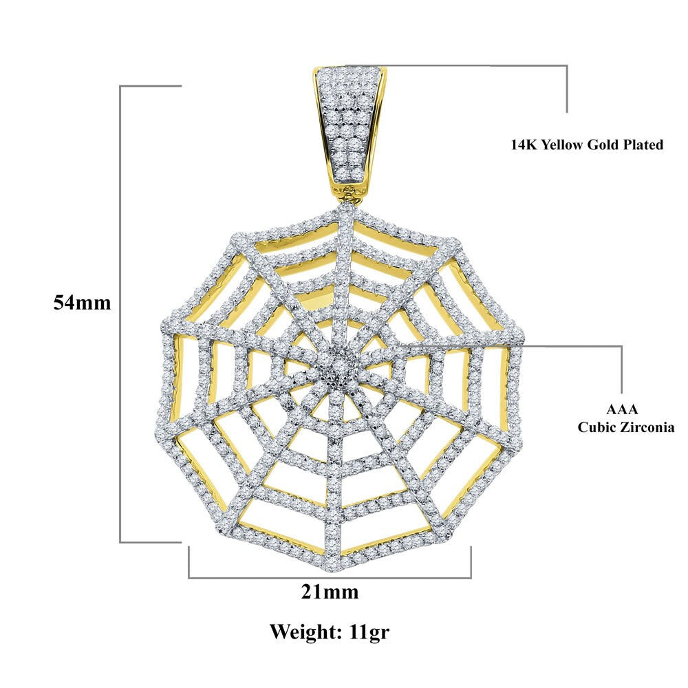 Real Yellow Gold Sterling Silver Custom Spider Web Round Sides Icy Medallion Hip Hop Pendant Charm