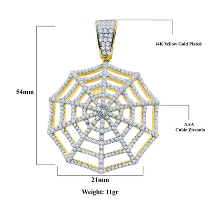Real Yellow Gold Sterling Silver Custom Spider Web Round Sides Icy Medallion Hip Hop Pendant Charm