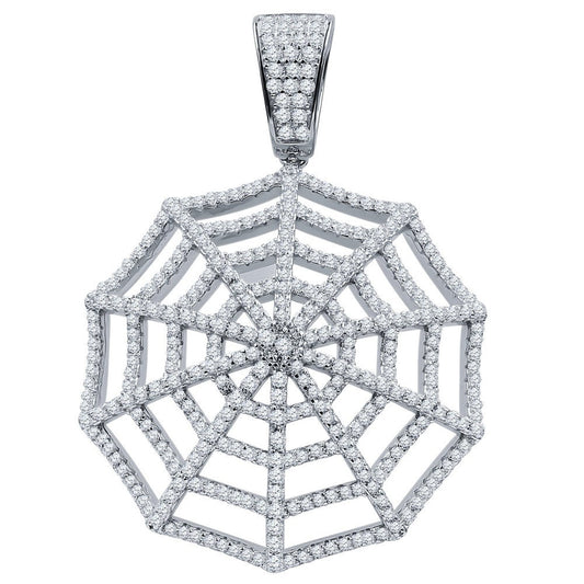 Real White Gold On Pure Sterling Silver Custom Spider Web Round Sides Icy Medallion Hip Hop Pendant Charm