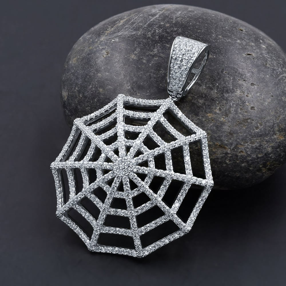 Real White Gold On Pure Sterling Silver Custom Spider Web Round Sides Icy Medallion Hip Hop Pendant Charm