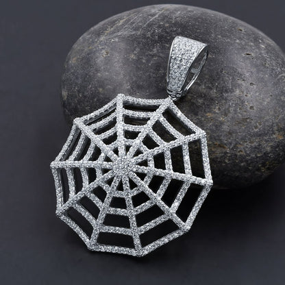 Real White Gold On Pure Sterling Silver Custom Spider Web Round Sides Icy Medallion Hip Hop Pendant Charm