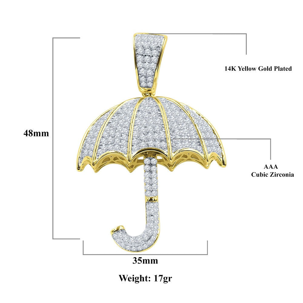 Unisex Real Yellow Gold Sterling Silver Simulated Diamonds Open Umbrella Custom Pendent Charm