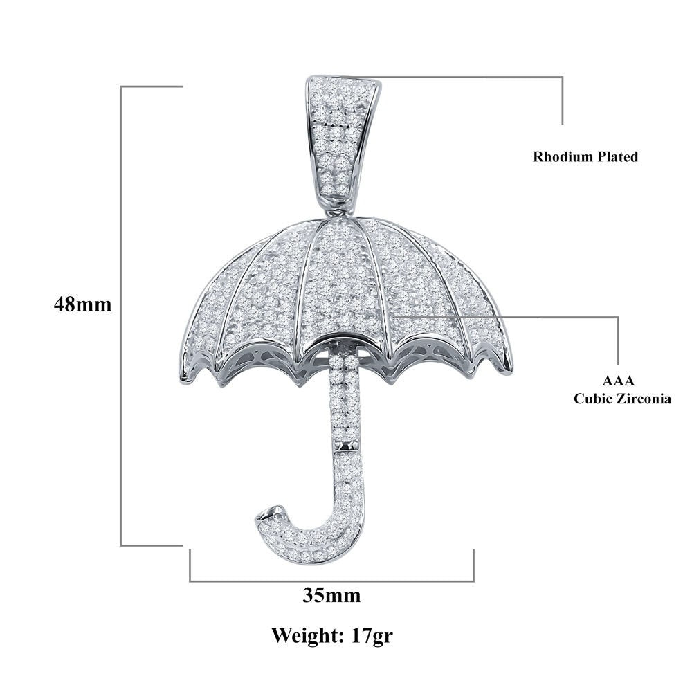 Unisex Real White Gold Sterling Silver Simulated Diamonds Open Umbrella Custom Pendent Charm