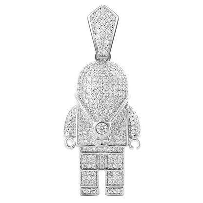 Mens 14K White Gold On Real Sterling Silver Lab Simulated Diamond Robot Machine Custom Pendant Charm