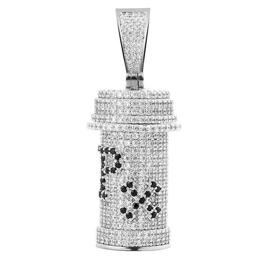 14K White Gold Over Real Sterling Silver Simulated Diamonds PILL BOTTLE RX Medicine Charm Prescription Drugs Pendant