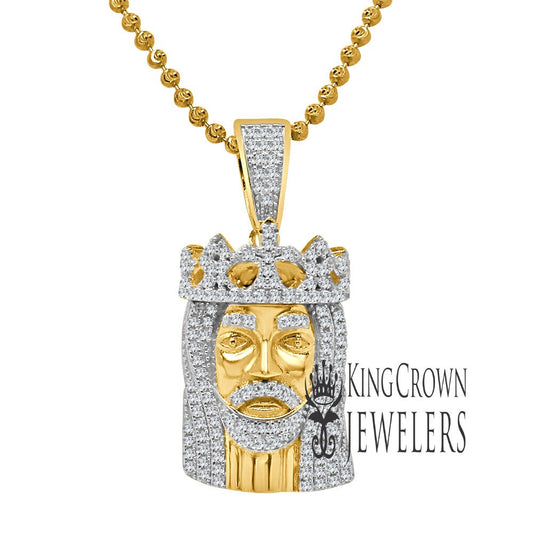 Real Yellow Gold Sterling Silver Jesus Piece Crown Face Mini Pendent Simulated Diamond Charm ChainSet