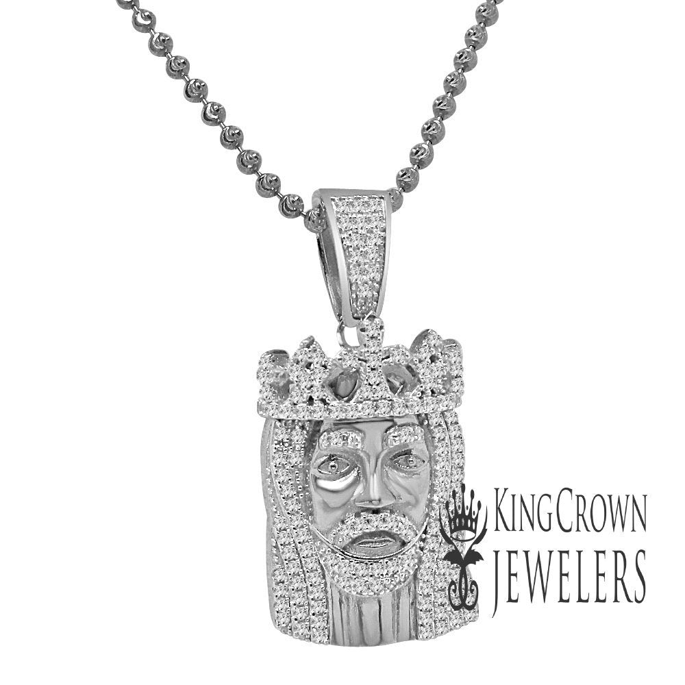 Real White Gold Over Sterling Silver Jesus Piece Crown Face Mini Pendent Simulated Diamond Charm ChainSet