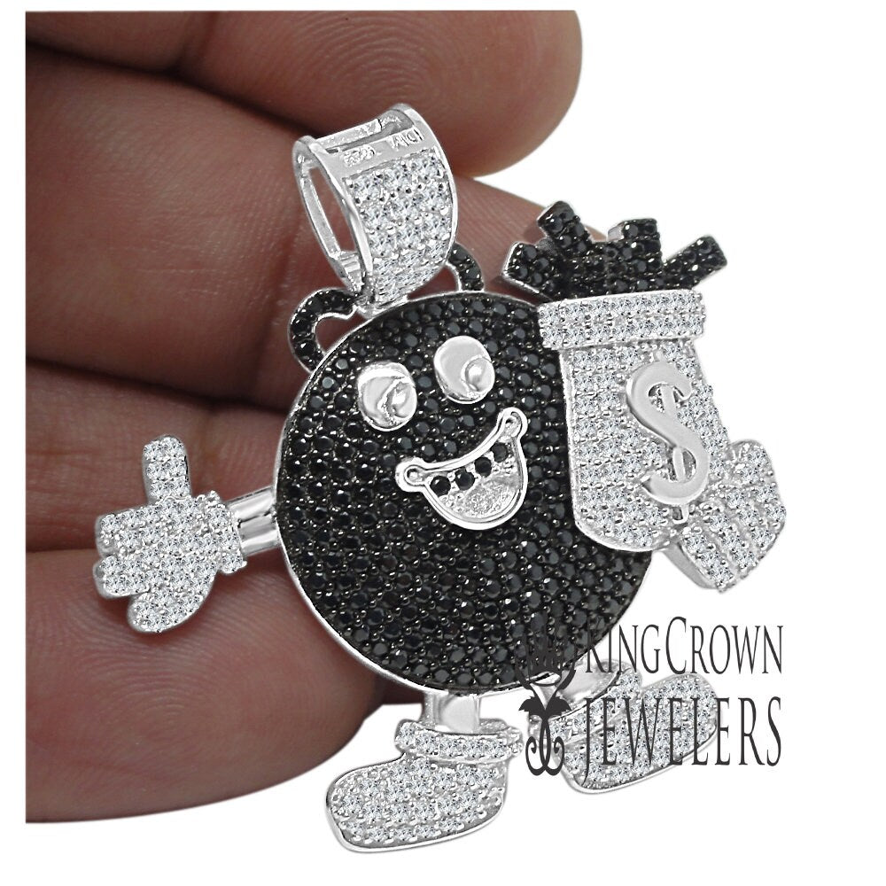 Mens Custom Piece Emoji Candy Charm Real Sterling Silver Money Bag Dollar Sign Simulated Diamond Pendent