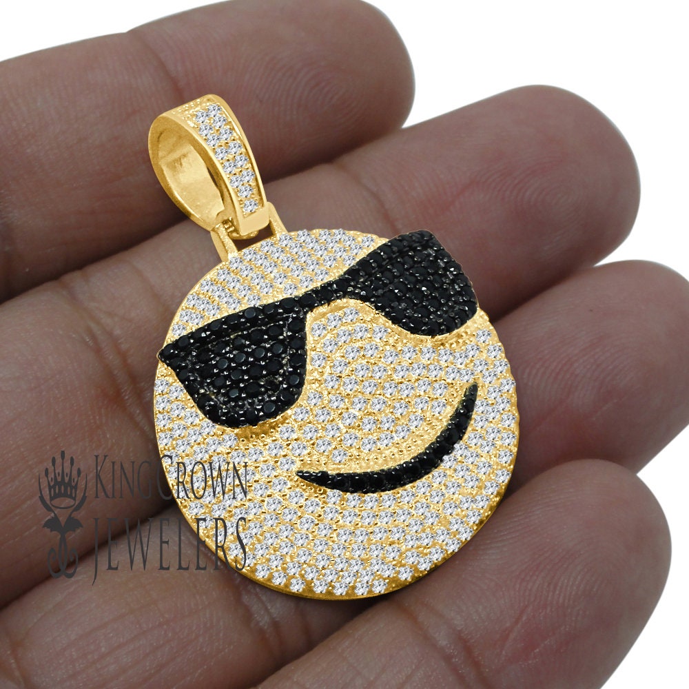 Mens Custom Piece Emoji Happy Face Charm Real Yellow Gold Sterling Silver Lab Diamond Pendent