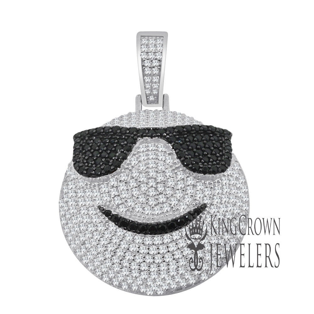 Mens Custom Piece Emoji Happy Face Charm Real White Gold Sterling Silver Lab Diamond Pendent