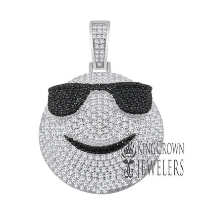 Mens Custom Piece Emoji Happy Face Charm Real White Gold Sterling Silver Lab Diamond Pendent