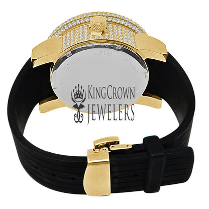 Mens Solid Stainless Steel Fully Icy 3D Simulated Diamond Yellow Gold Tone Watch 48mm