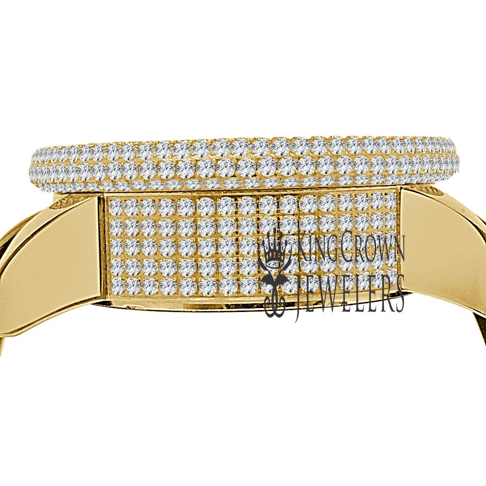 Mens Solid Stainless Steel Fully Icy 3D Simulated Diamond Yellow Gold Tone Watch 48mm