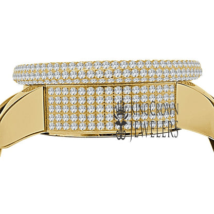 Mens Solid Stainless Steel Fully Icy 3D Simulated Diamond Yellow Gold Tone Watch 48mm