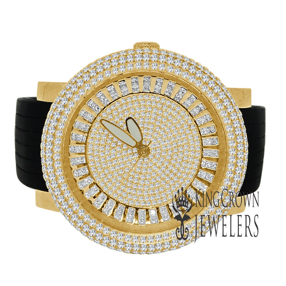 Mens Solid Stainless Steel Fully Icy 3D Simulated Diamond Yellow Gold Tone Watch 48mm