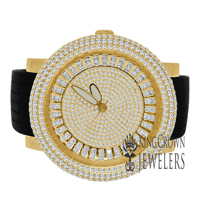 Mens Solid Stainless Steel Fully Icy 3D Simulated Diamond Yellow Gold Tone Watch 48mm
