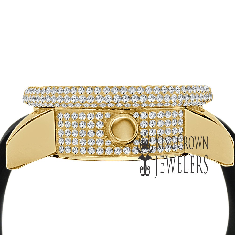 Mens Solid Stainless Steel Fully Icy 3D Simulated Diamond Yellow Gold Tone Watch 48mm
