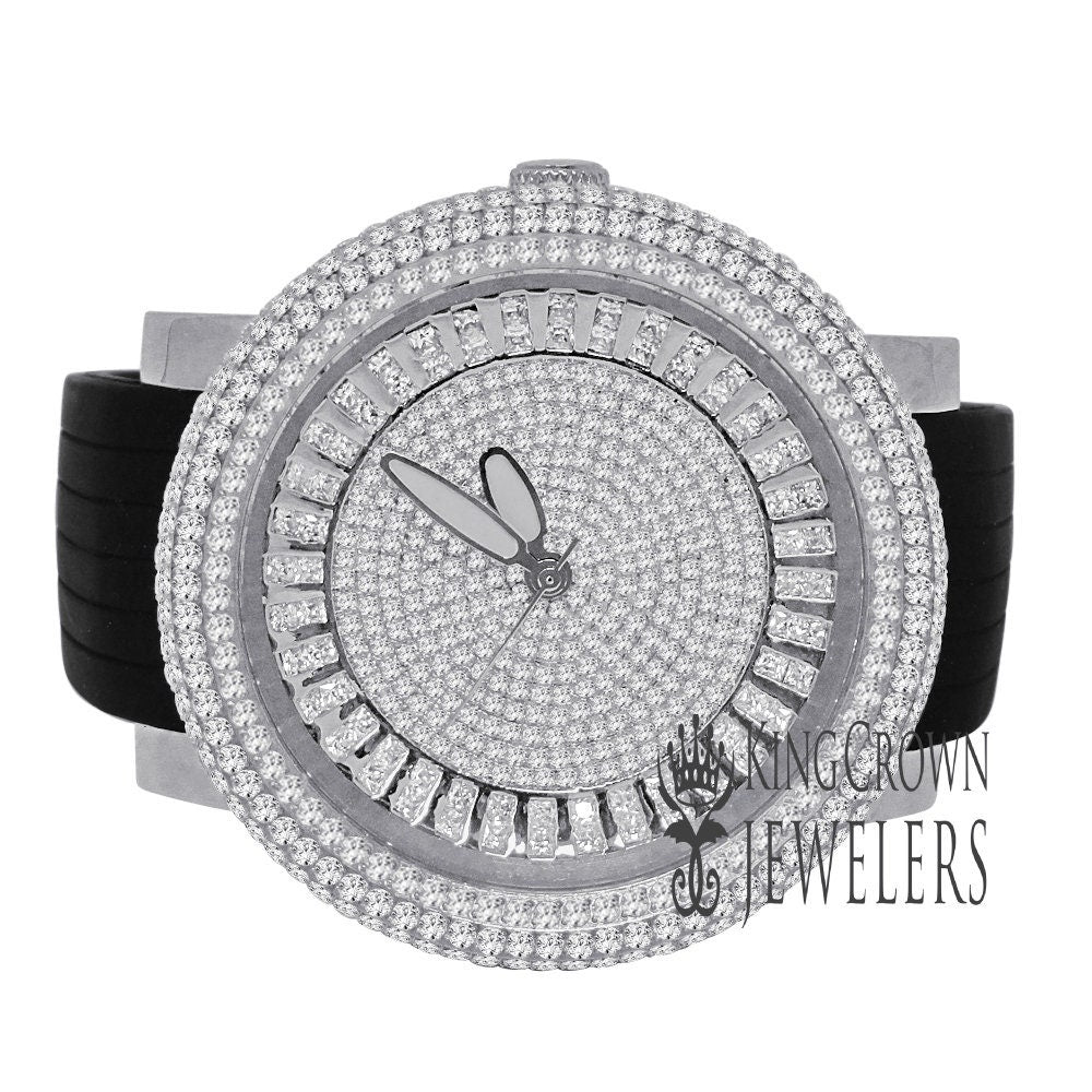 Mens Solid Stainless Steel Fully Icy 3D Simulated Diamond White Gold Tone Watch 48mm