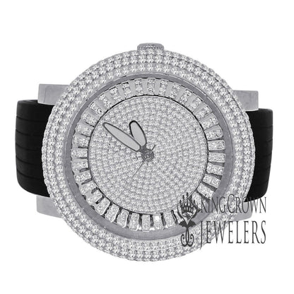 Mens Solid Stainless Steel Fully Icy 3D Simulated Diamond White Gold Tone Watch 48mm