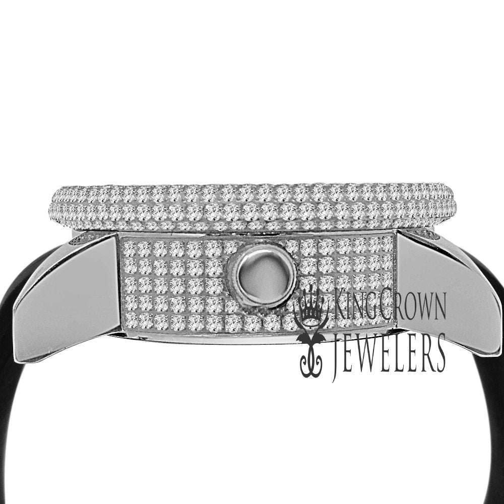 Mens Solid Stainless Steel Fully Icy 3D Simulated Diamond White Gold Tone Watch 48mm